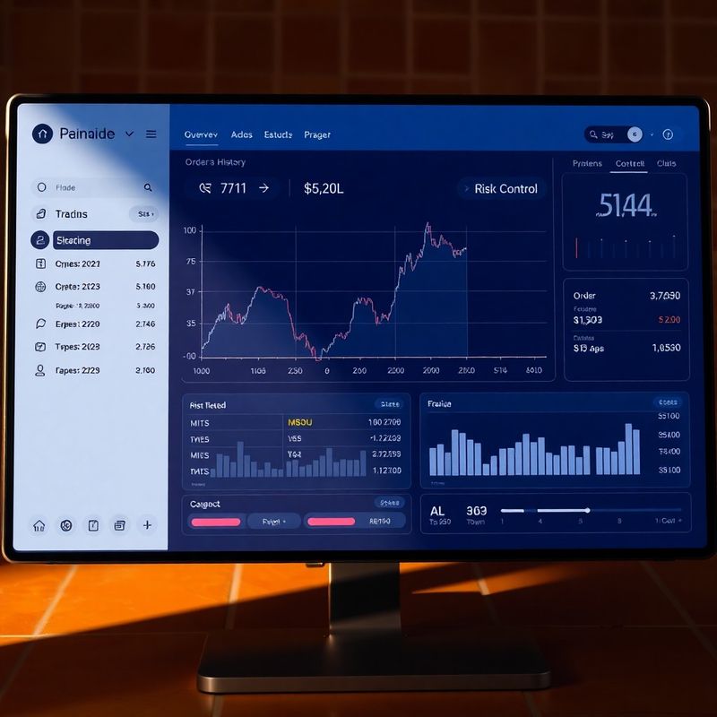 Detalle de panel de trading índigo con curvas de PnL y controles de riesgo