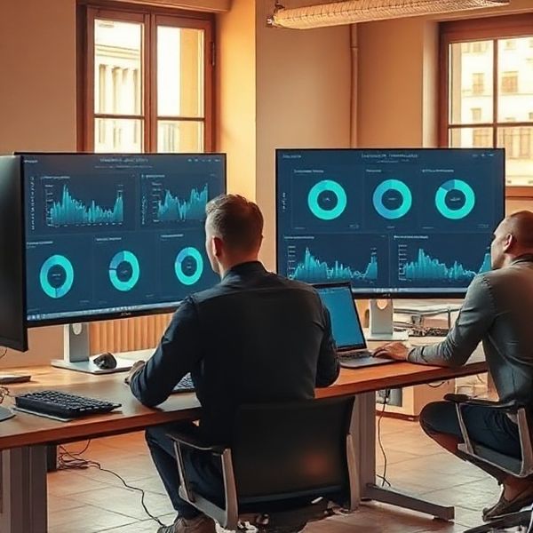 Equipo de cuatro ingenieros en oficina de Barcelona con monitores en tonos índigo