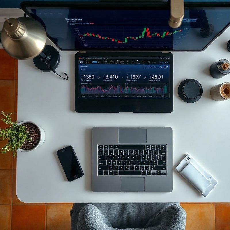 Escritorio minimalista con portátil mostrando interfaz de trading índigo